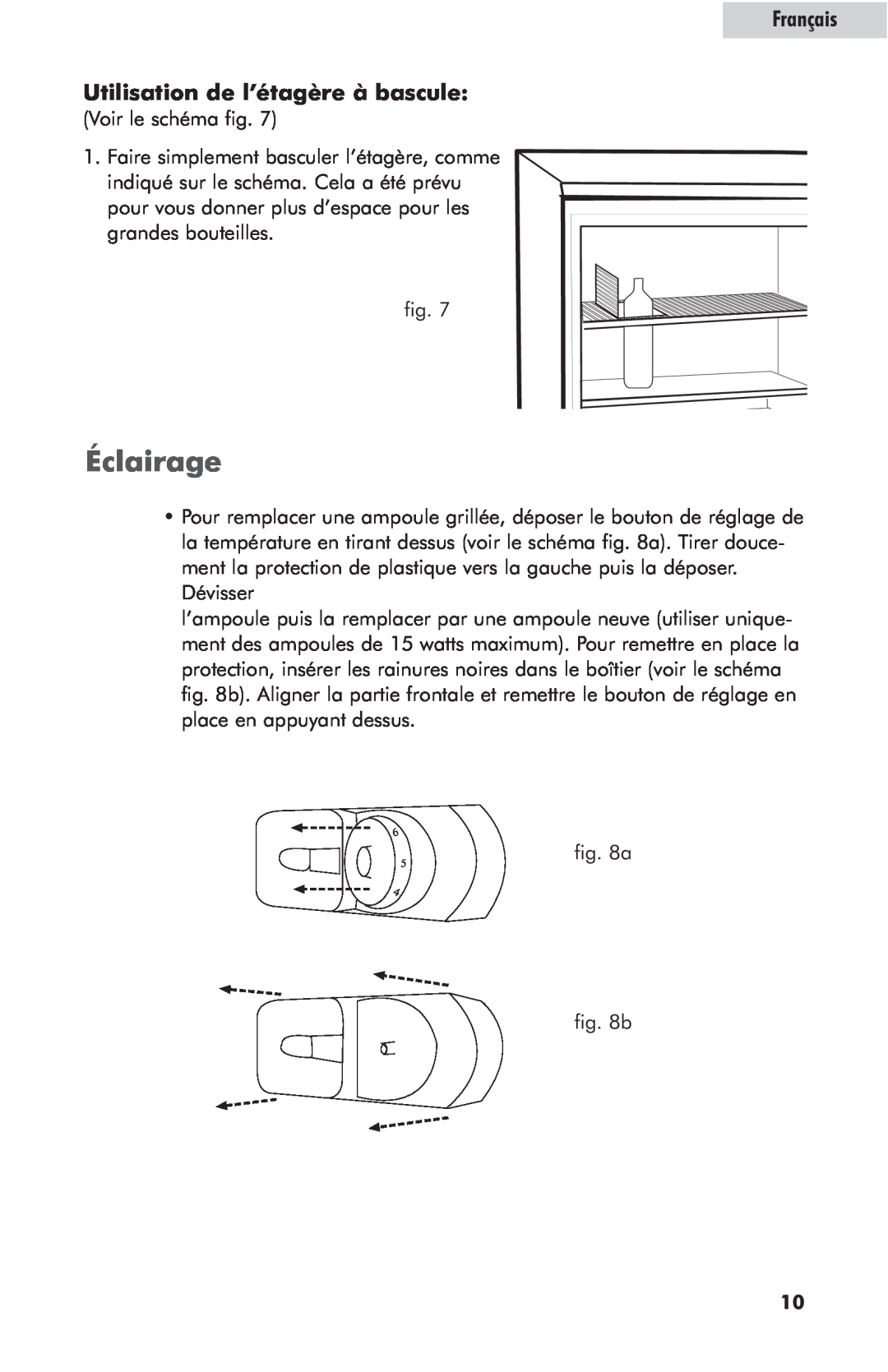 Haier hc125fvs user manual Éclairage, Français Utilisation de l’étagère à bascule 