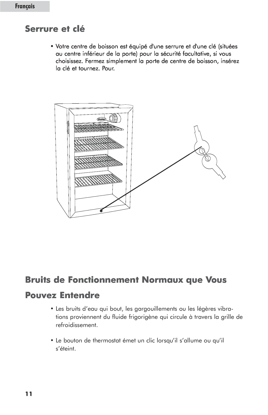 Haier hc125fvs user manual Serrure et clé, Bruits de Fonctionnement Normaux que Vous, Pouvez Entendre, Français 