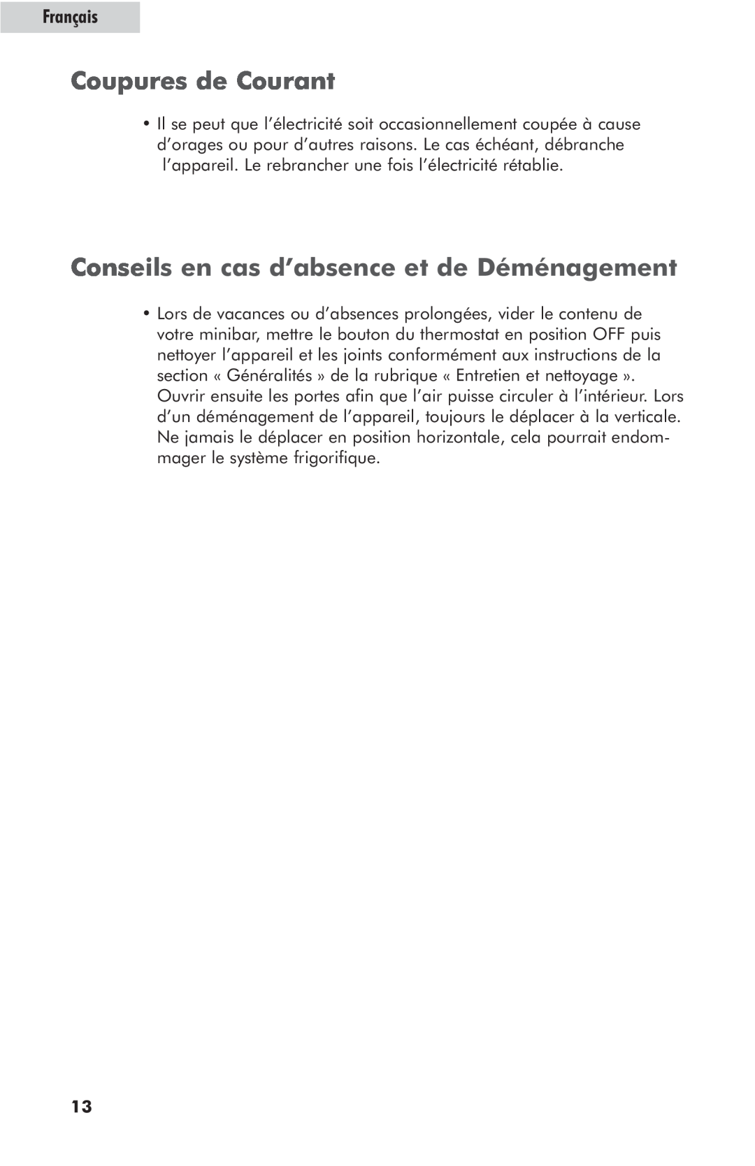 Haier hc125fvs user manual Coupures de Courant, Conseils en cas d’absence et de Déménagement, Français 