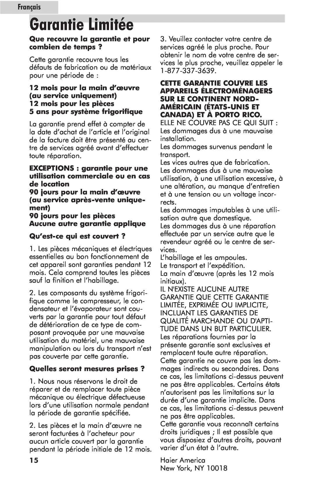 Haier hc125fvs user manual Garantie Limitée, Français 