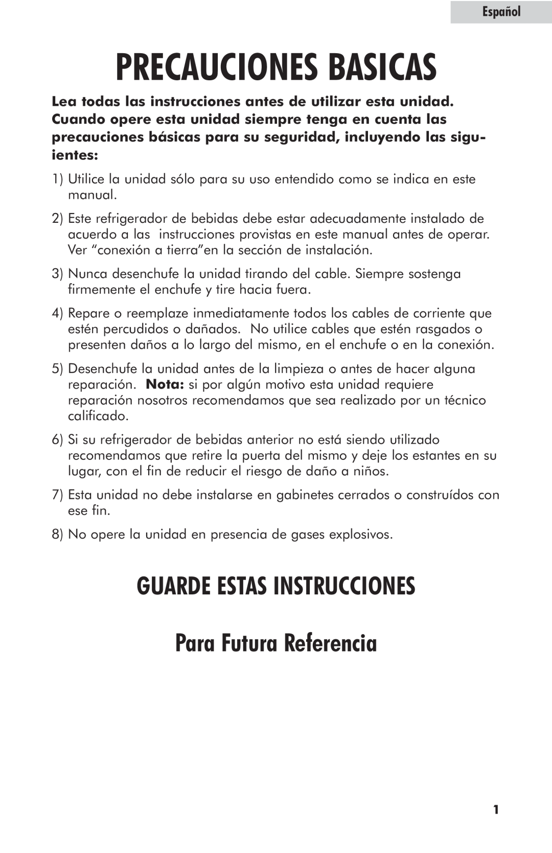 Haier hc125fvs user manual Precauciones Basicas, GUARDE ESTAS INSTRUCCIONES Para Futura Referencia, Español 