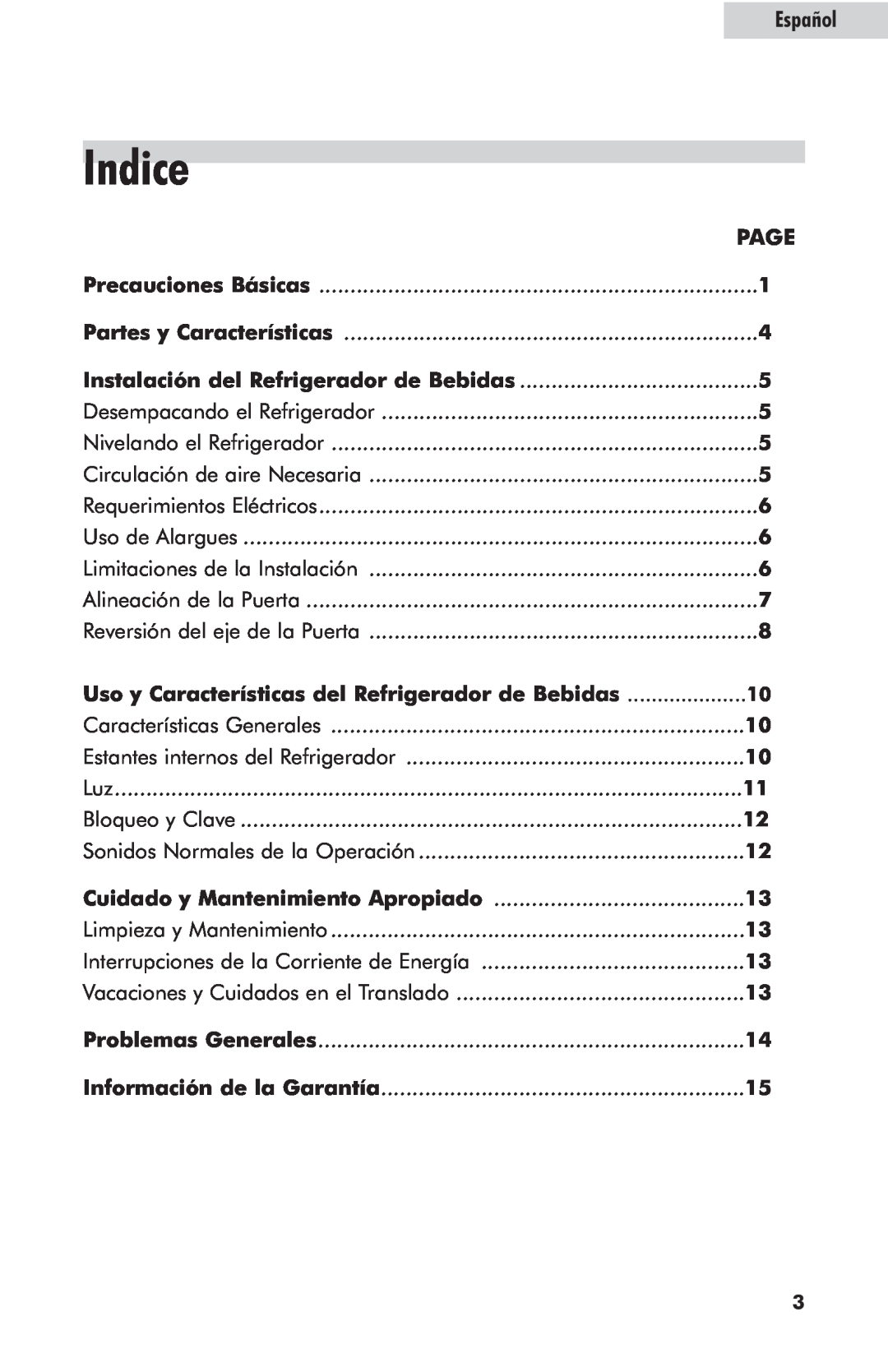 Haier hc125fvs user manual Indice, Uso y Características del Refrigerador de Bebidas, Español 