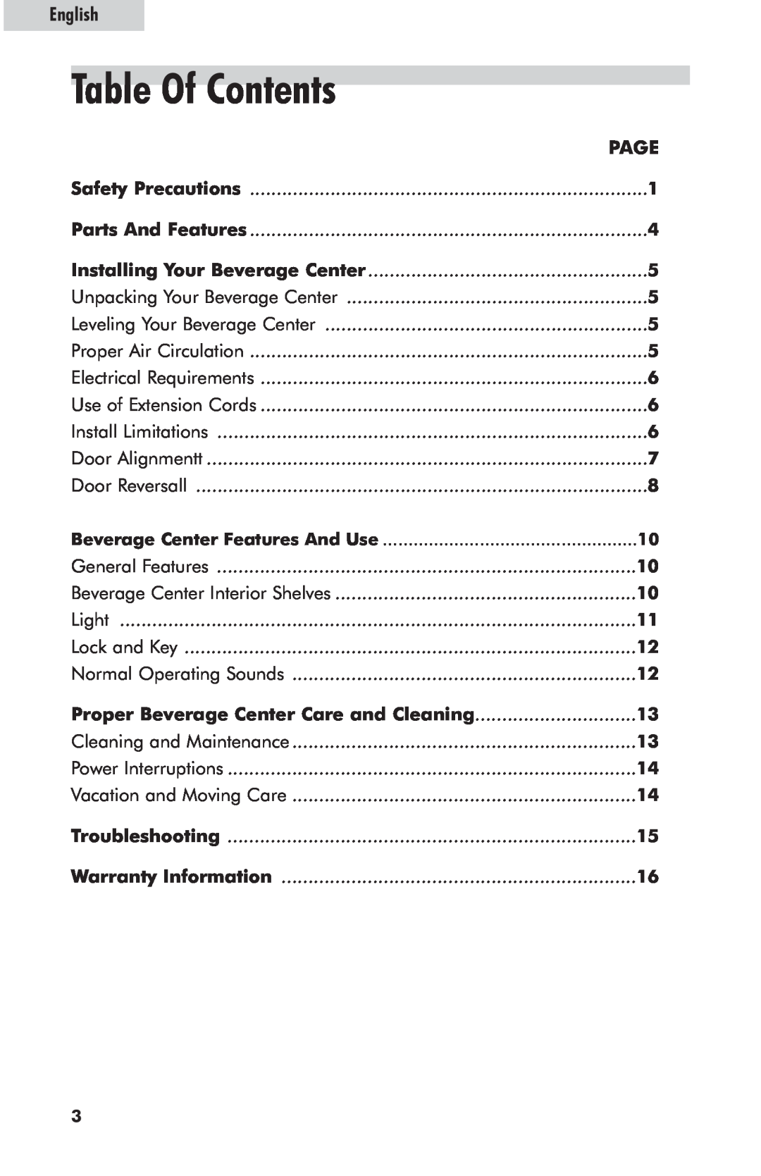 Haier hc125fvs user manual Table Of Contents, English 