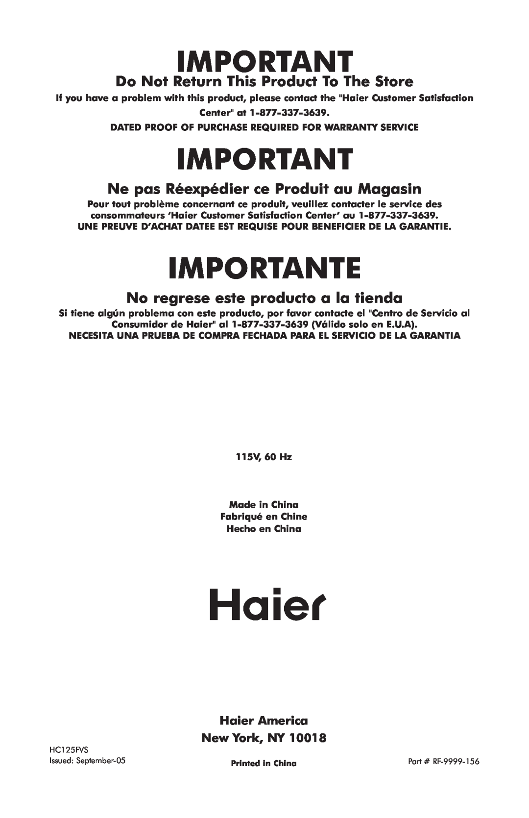 Haier hc125fvs user manual Importante, Do Not Return This Product To The Store, Ne pas Réexpédier ce Produit au Magasin 