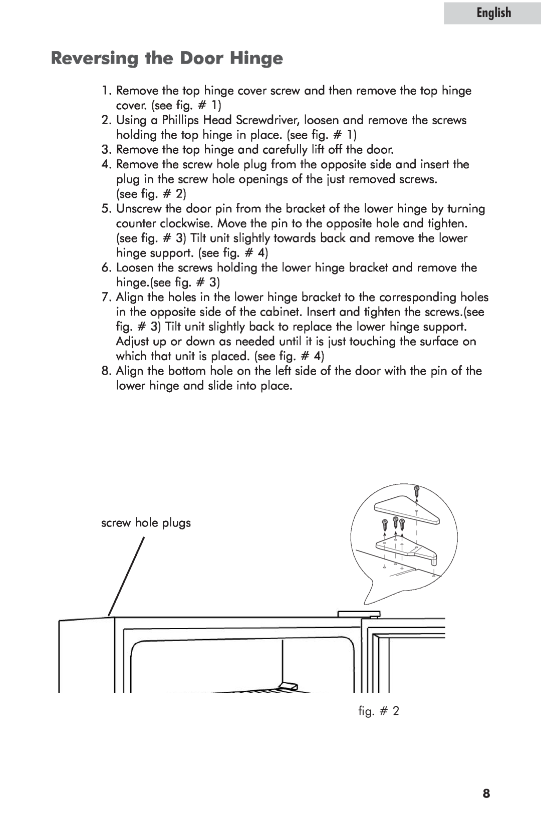 Haier hc125fvs user manual Reversing the Door Hinge, English 