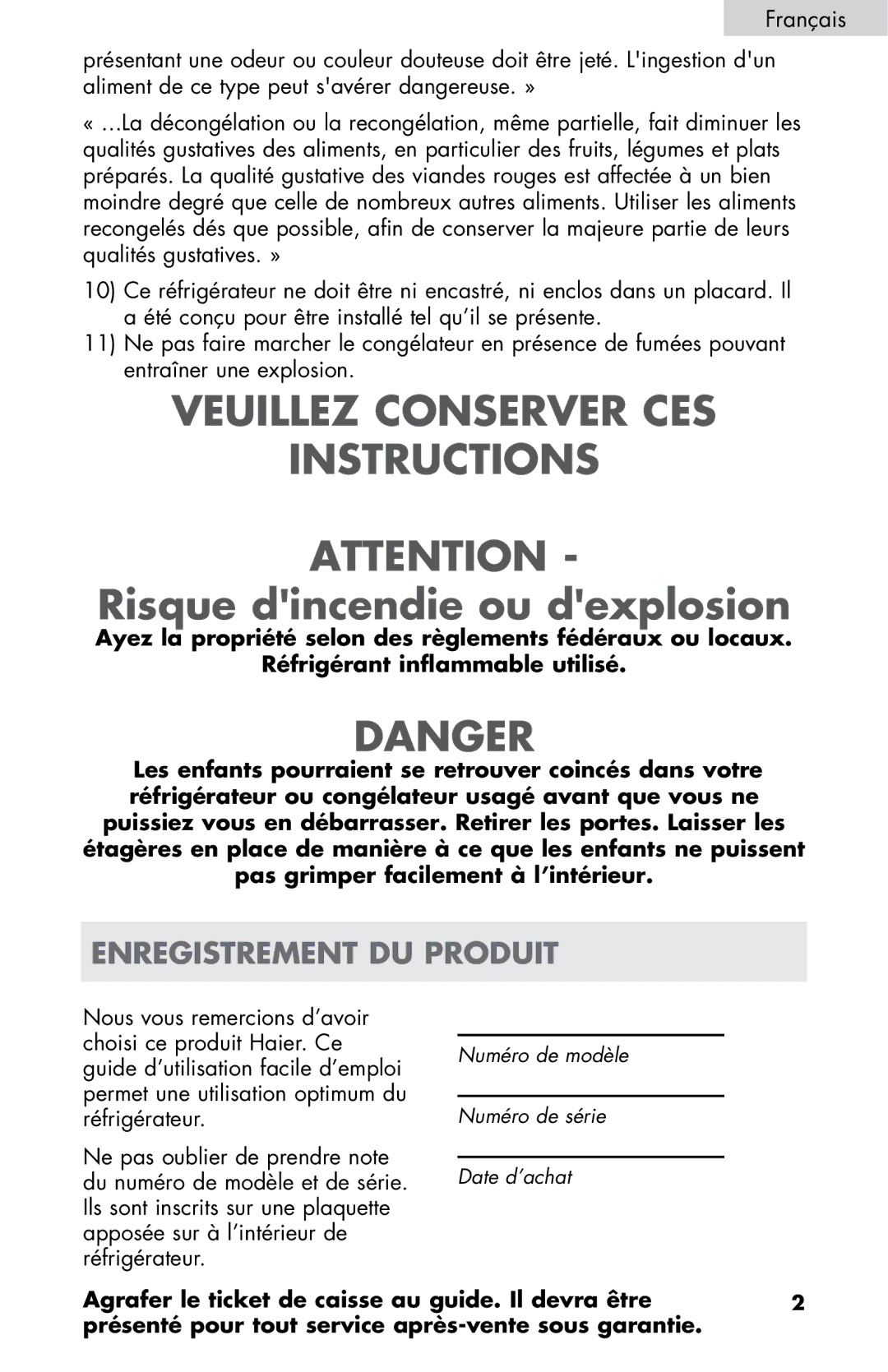 Haier HC17SF15RW user manual Veuillez Conserver CES Instructions, Enregistrement DU Produit 