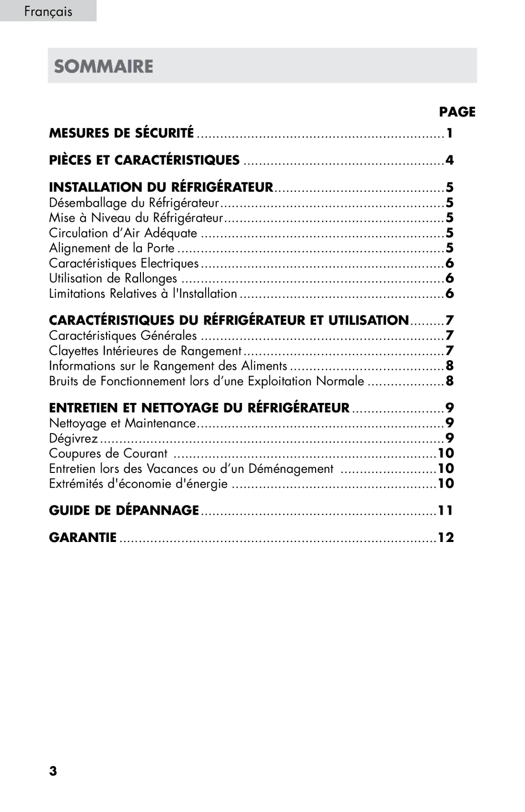 Haier HC17SF15RW user manual Sommaire, Français 