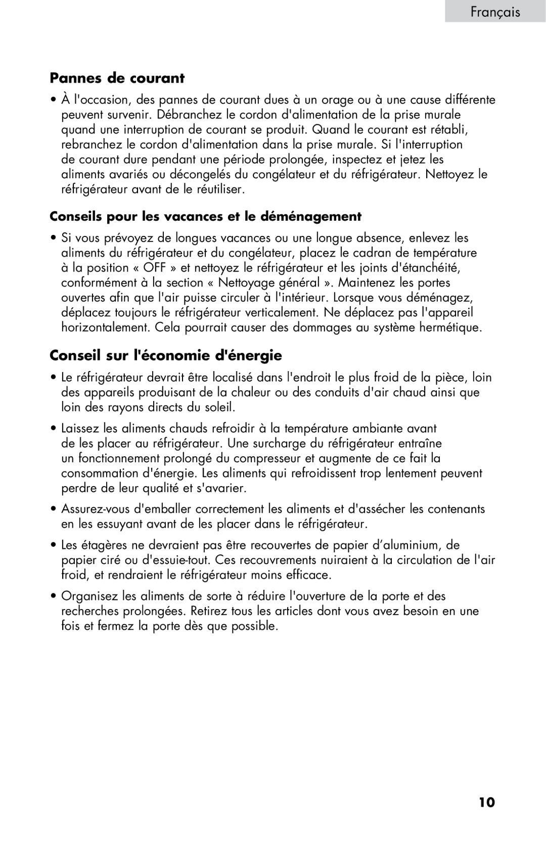 Haier HC17SF15RW user manual Pannes de courant, Conseil sur léconomie dénergie 