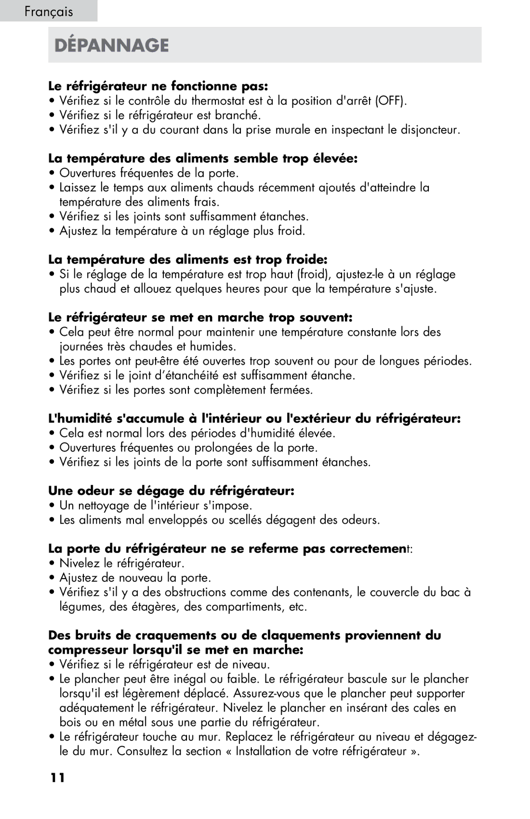 Haier HC17SF15RW user manual Dépannage, Le réfrigérateur ne fonctionne pas 