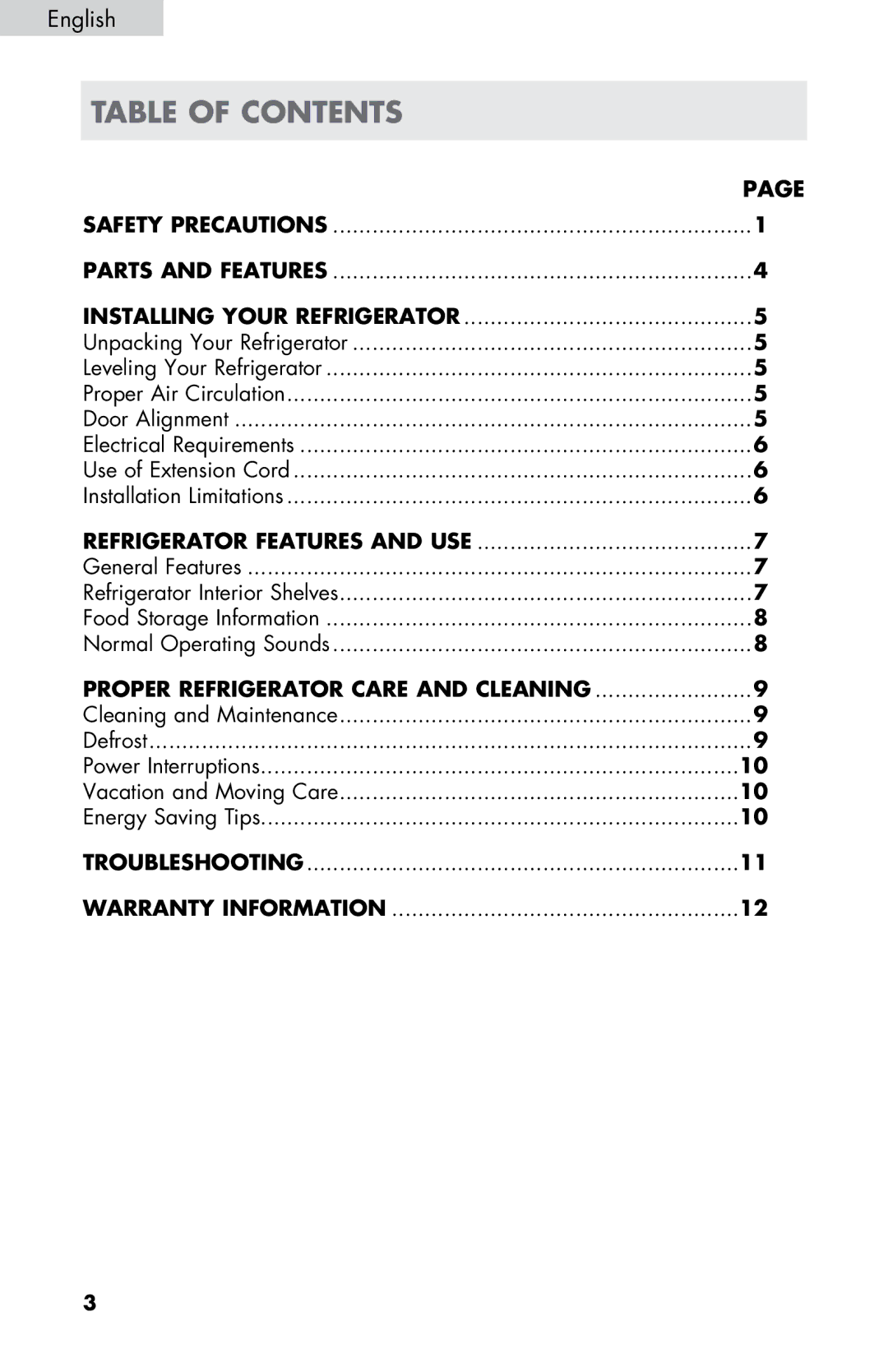 Haier HC17SF15RW user manual Table of contents 