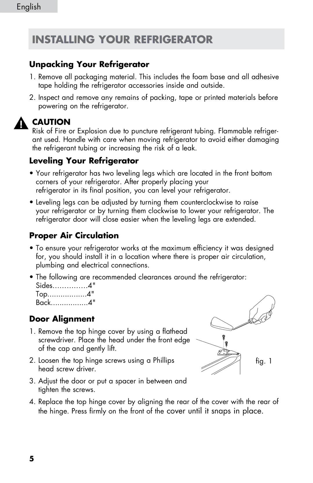 Haier HC17SF15RW Installing your refrigerator, Unpacking Your Refrigerator, Leveling Your Refrigerator, Door Alignment 