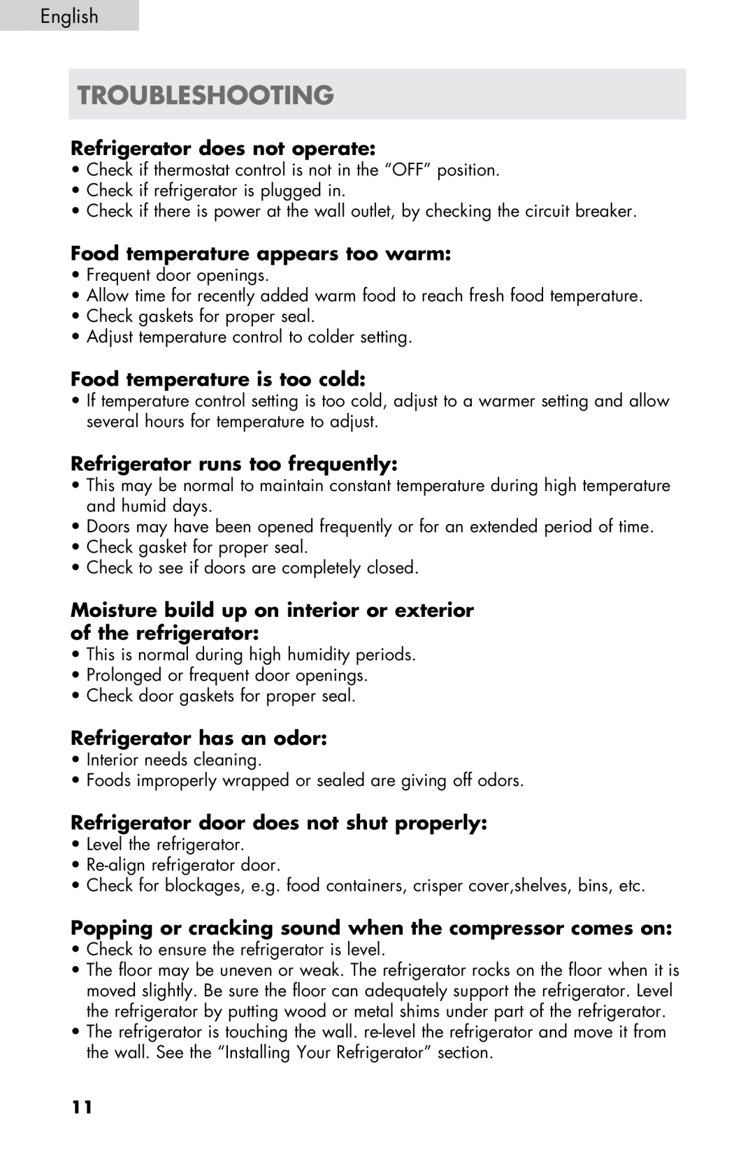 Haier HC17SF15RW user manual troubleshooting, Refrigerator does not operate, Food temperature appears too warm 