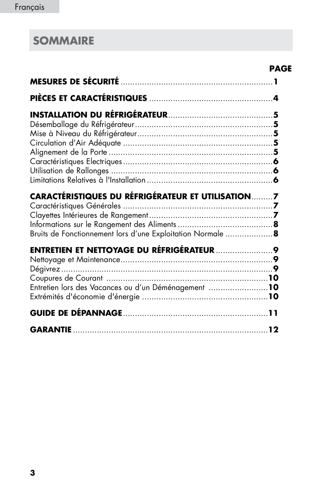 Haier HC17SF15RW Sommaire, Français, Guide De Dépannage, Page, Mesures De Sécurité, Pièces Et Caractéristiques, Dégivrez 