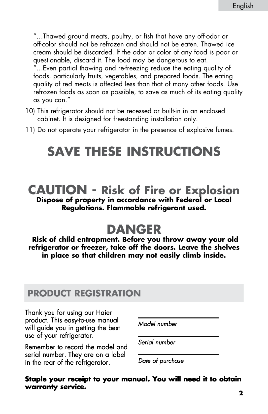 Haier HC17SF15RW user manual Save These Instructions, Danger, CAUTION - Risk of Fire or Explosion, product registration 