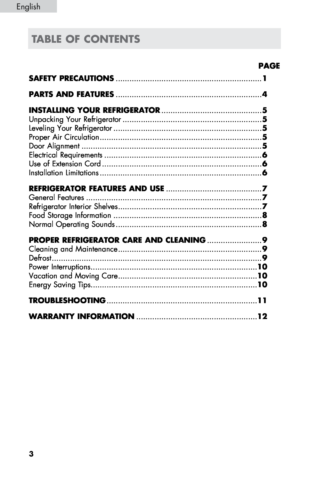 Haier HC17SF15RW Table of contents, English, Page, Safety Precautions, Parts And Features, Installing Your Refrigerator 