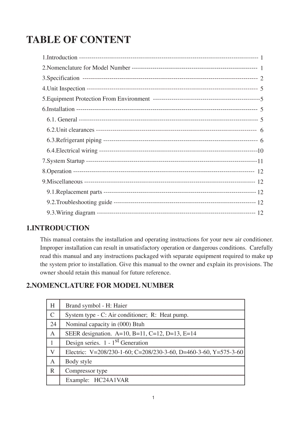 Haier HC18-60C1VAR, HC18-60D1VAR, HC18-60A1VAR/S operation manual Introduction, Nomenclature for Model Number 