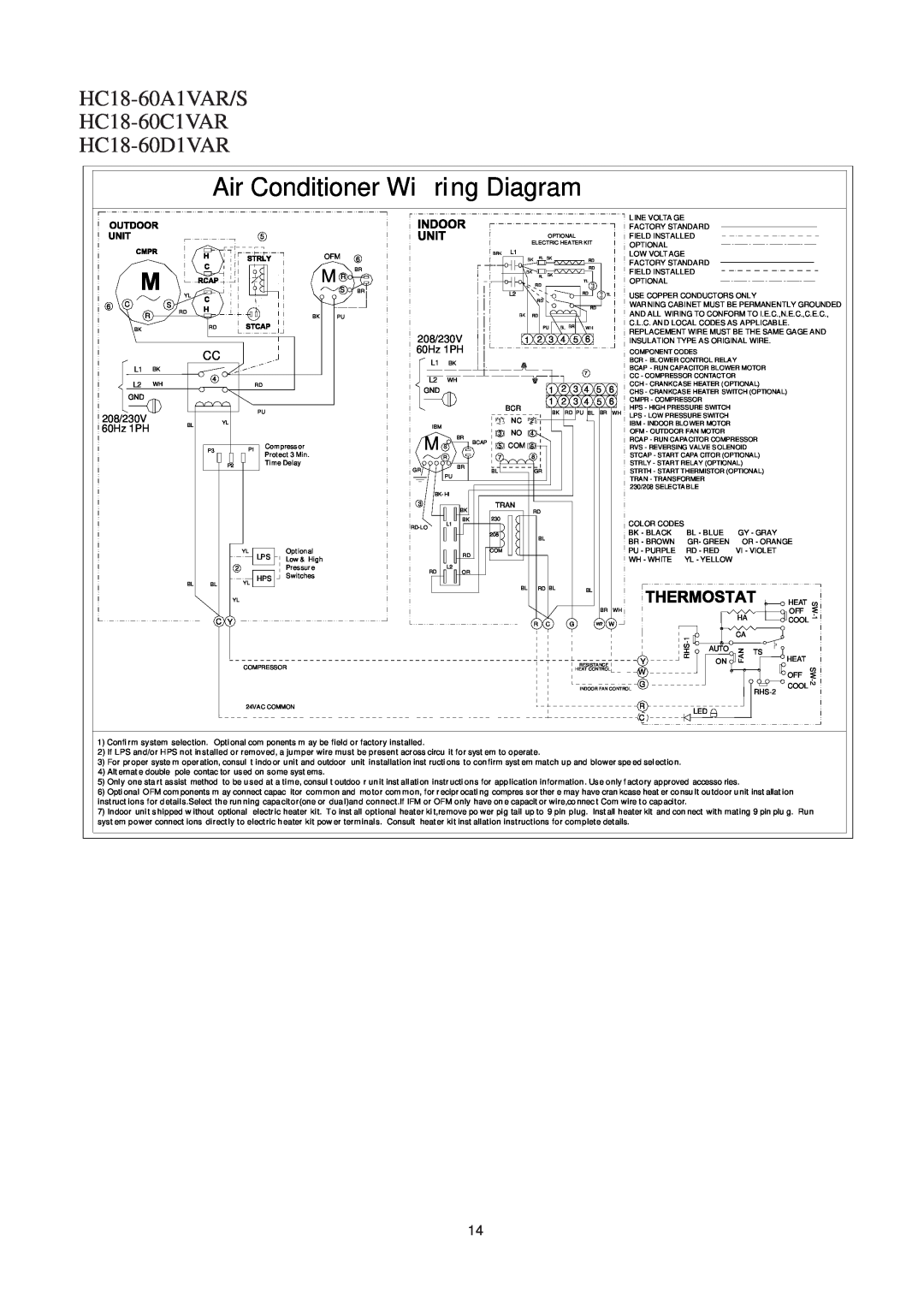 Haier operation manual HC18-60A1VAR/S HC18-60C1VAR HC18-60D1VAR, Air Conditioner Wi ring Diagram, 208/230V, 60Hz 1PH 