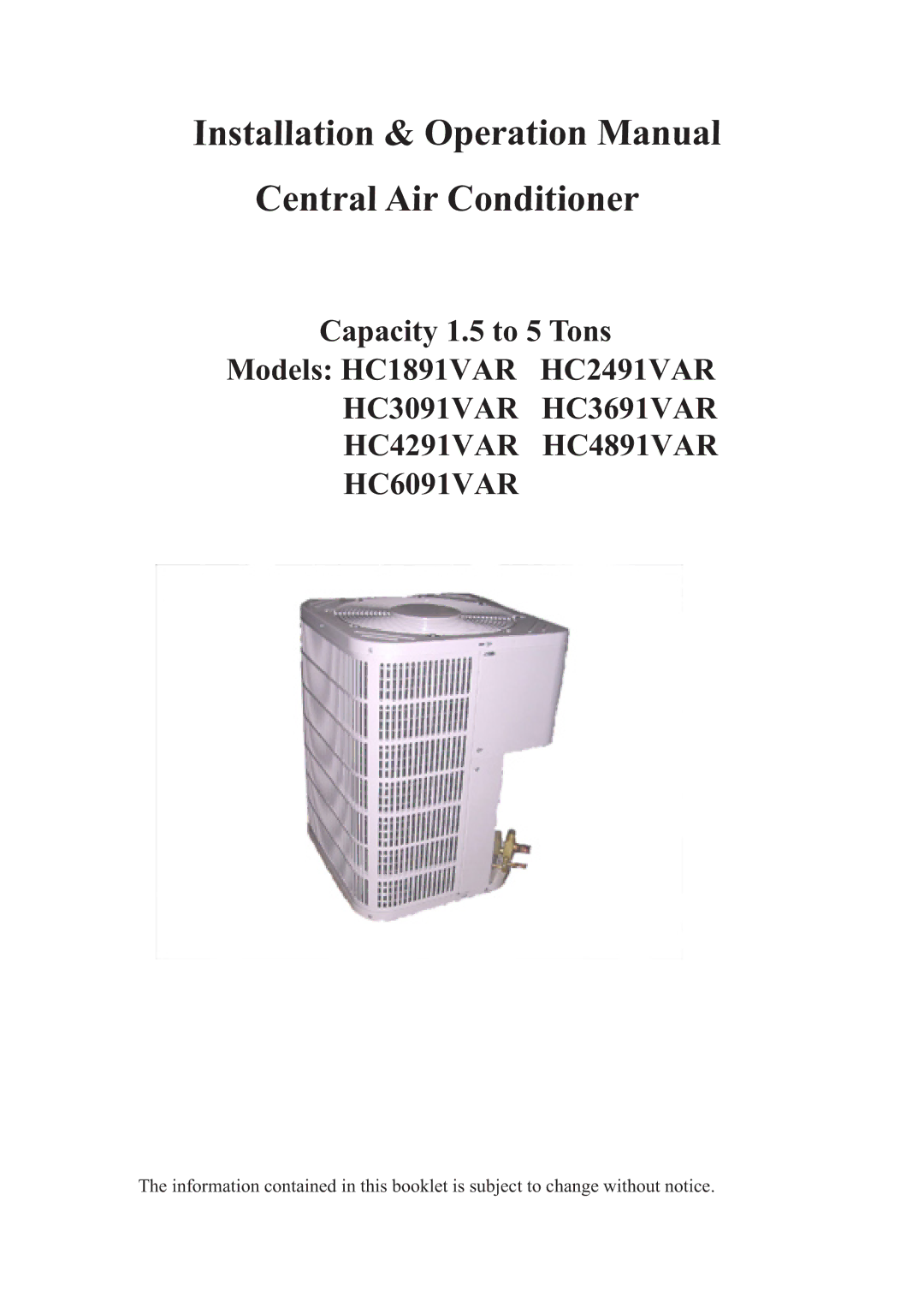 Haier HC1891VAR operation manual Central Air Conditioner 