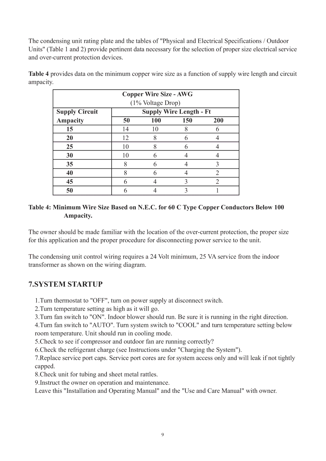 Haier HC1891VAR operation manual System Startup, Copper Wire Size AWG 