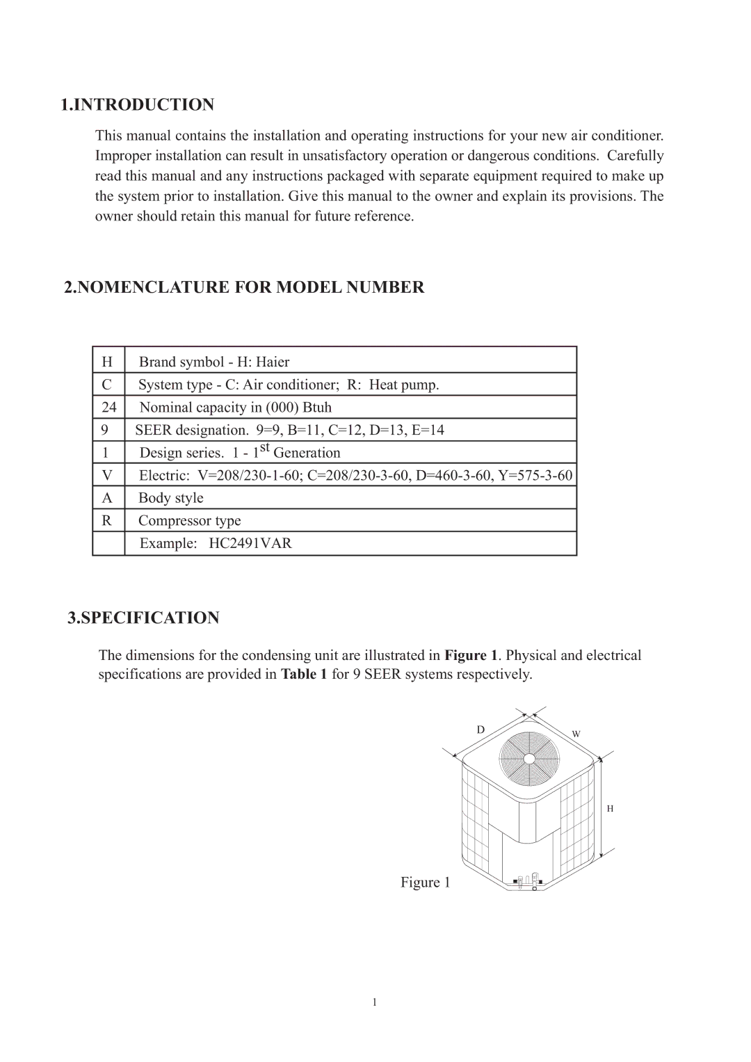 Haier HC1891VAR operation manual Introduction, Nomenclature for Model Number, Specification 