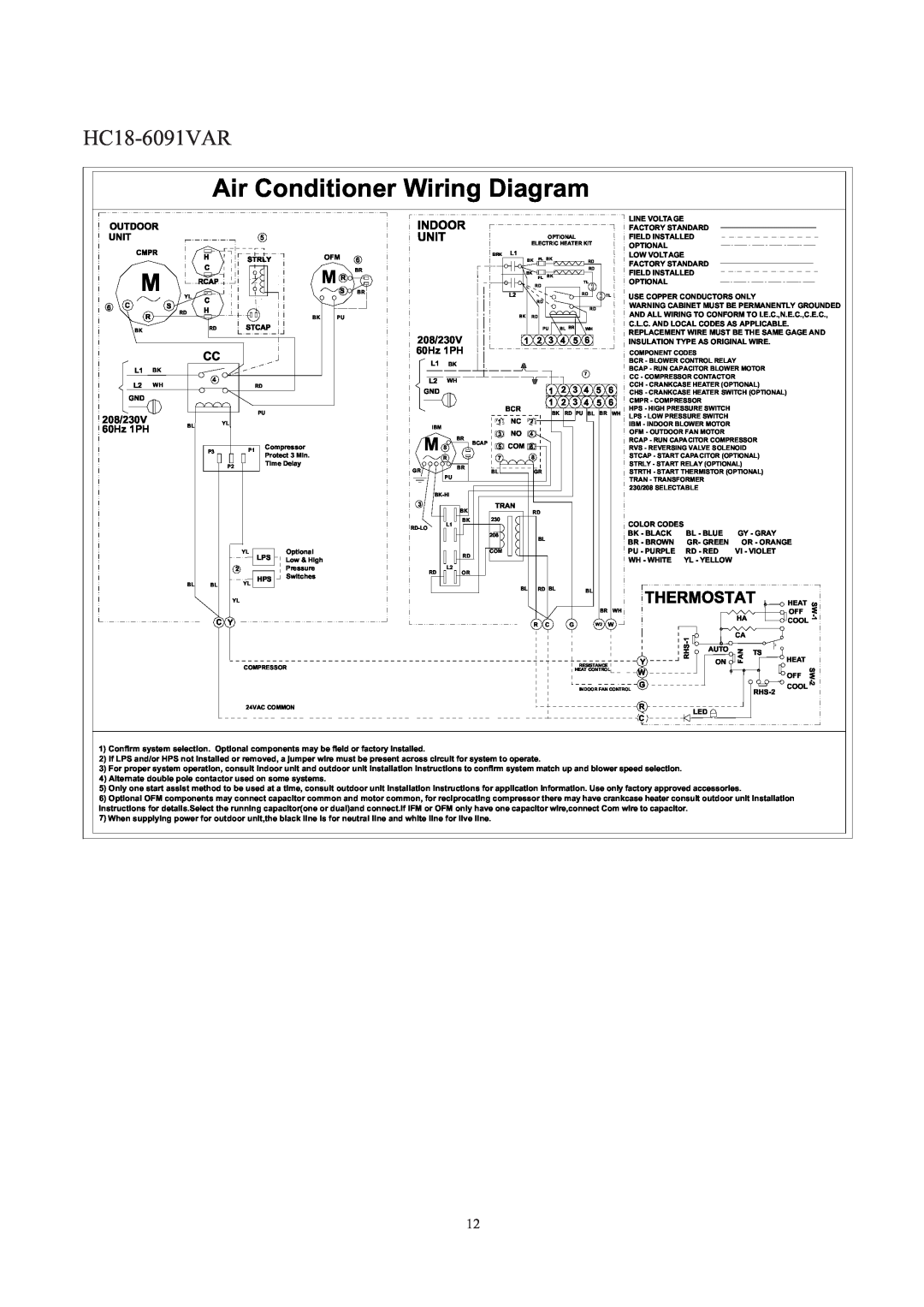 Haier HC1891VAR operation manual HC18-6091VAR, Air Conditioner Wiring Diagram, 208/230V, 60Hz 1PH 