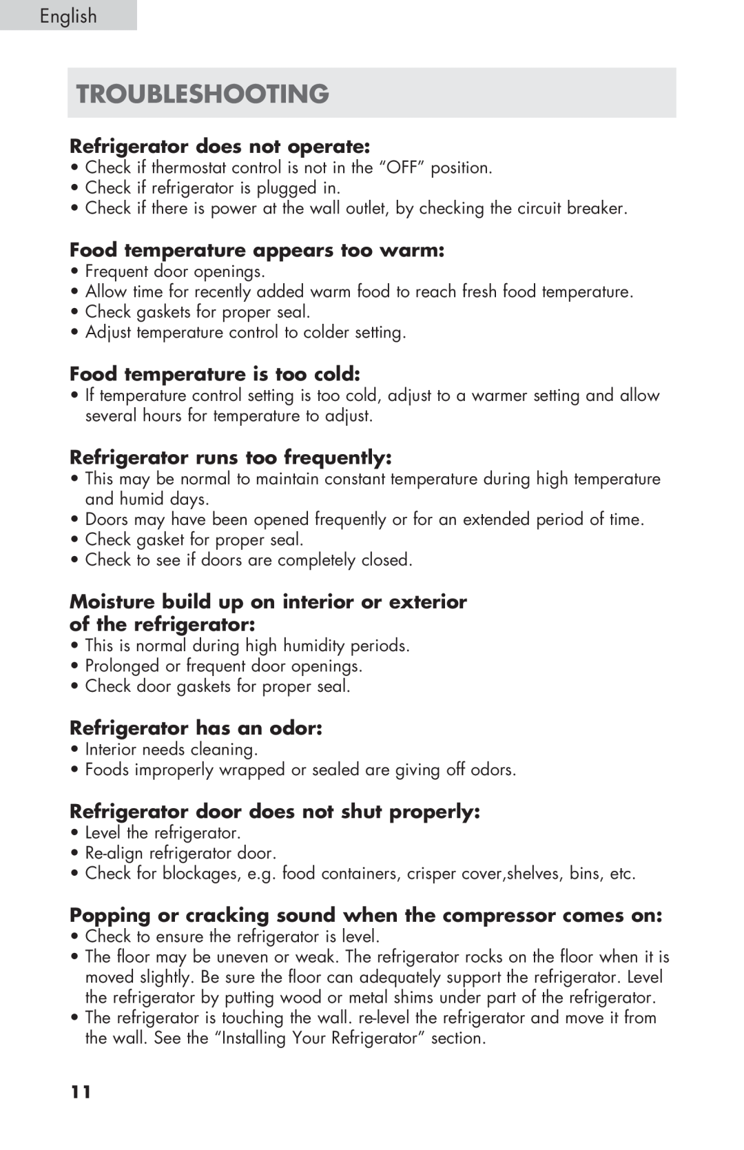 Haier HC27SF22RB user manual Troubleshooting, Refrigerator does not operate, Food temperature appears too warm 