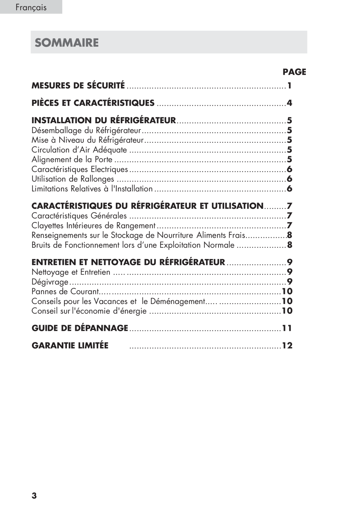 Haier HC27SF22RB user manual Sommaire, Français, Guide De Dépannage, Garantie Limitée, Page 