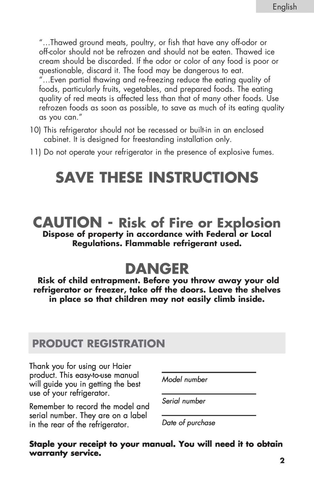 Haier HC27SF22RB user manual Save These Instructions, Danger, CAUTION - Risk of Fire or Explosion, Product Registration 