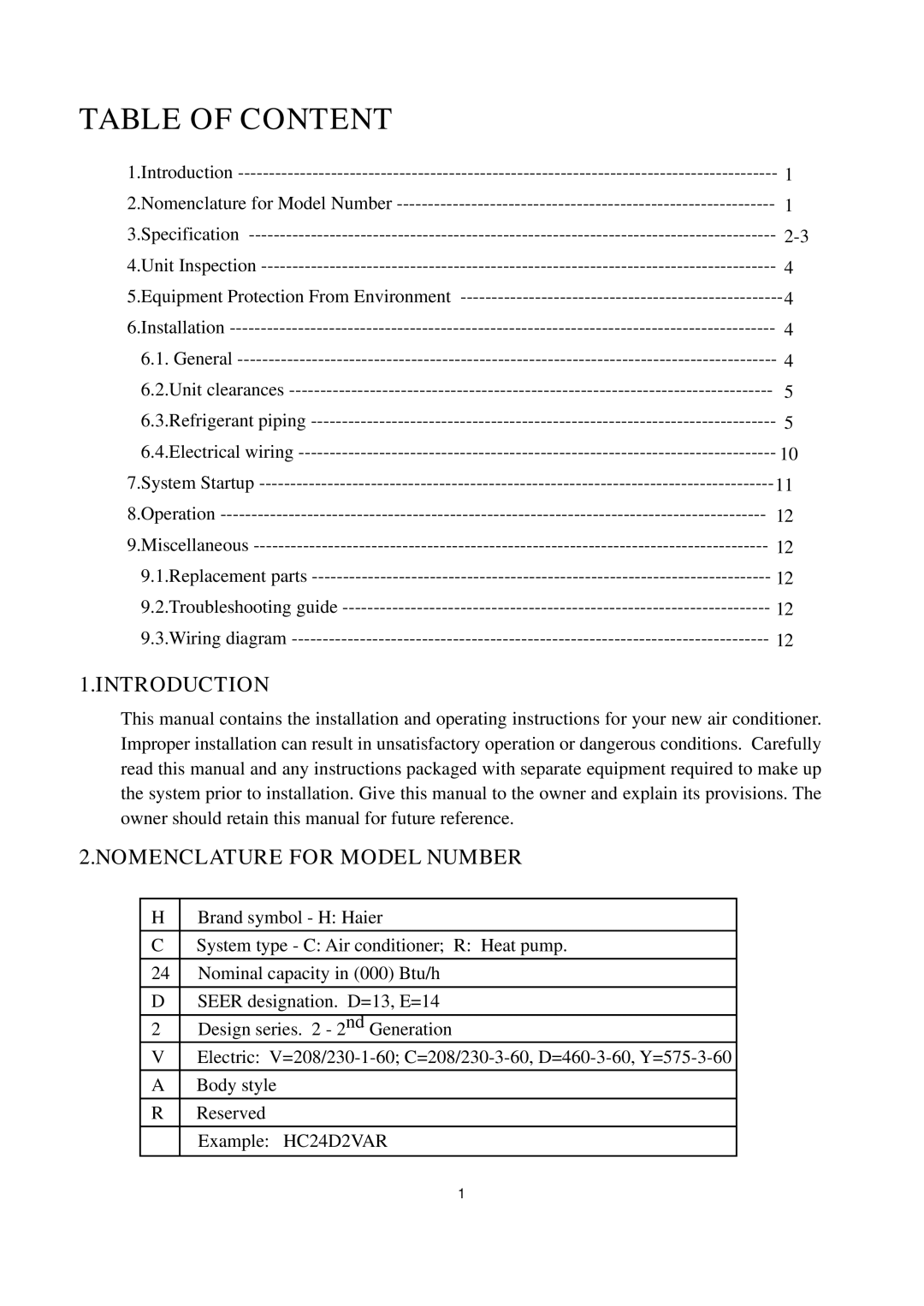 Haier HC24D2VAR, HC42D2VAR, HC36D2VAR, HC30D2VAR, HC18D2VAR operation manual Introduction, Nomenclature for Model Number 