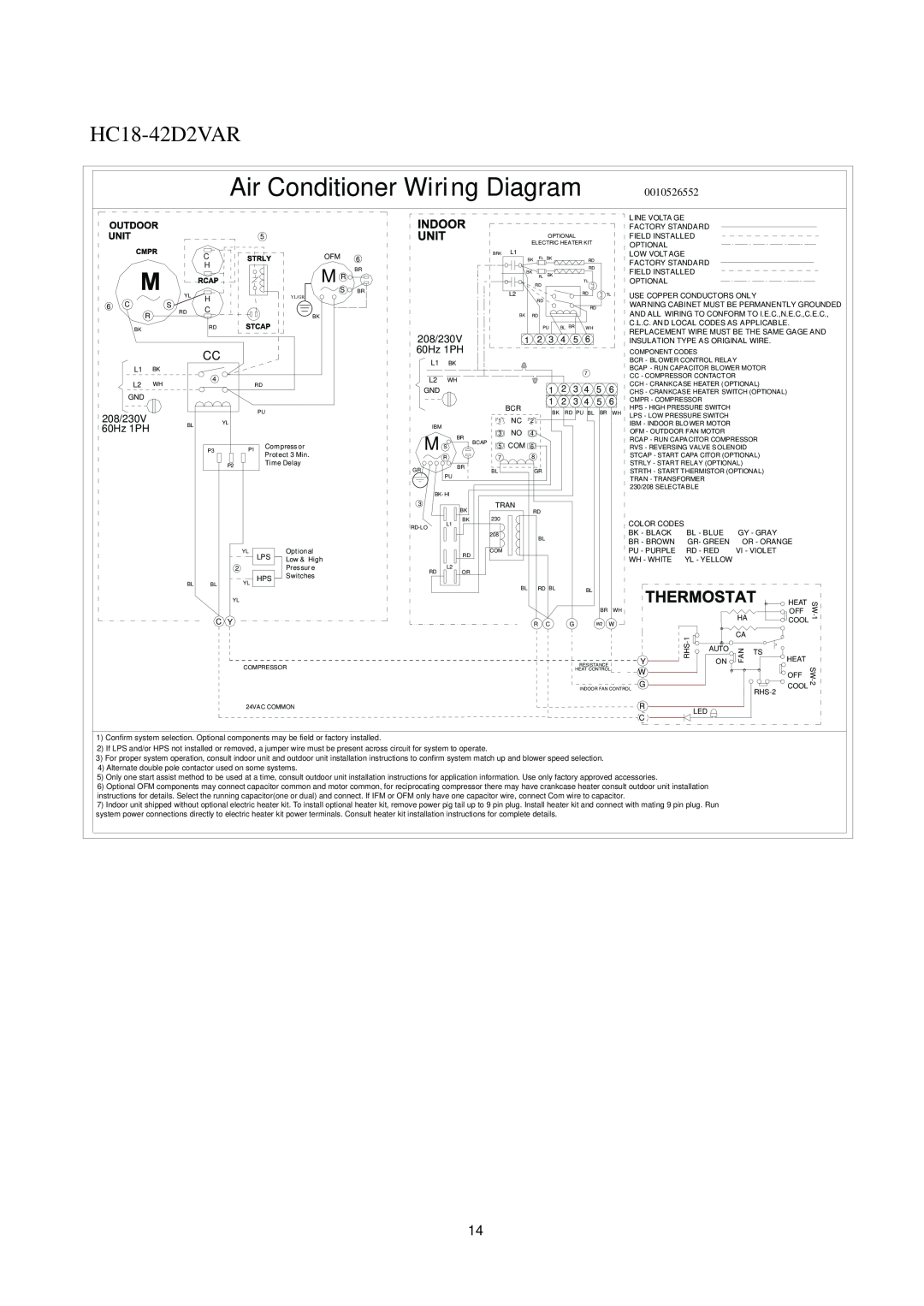 Haier HC36D2VAR, HC42D2VAR, HC30D2VAR HC18-42D2VAR, Air Conditioner Wiring Diagram, 0010526552, 208/230V, 60Hz 1PH 