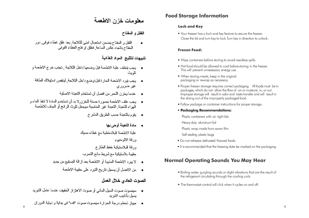 Haier BD-142H, HCF-150, HCF-270 Food Storage Information, Normal Operating Sounds You May Hear, Lock and Key, Frozen Food 