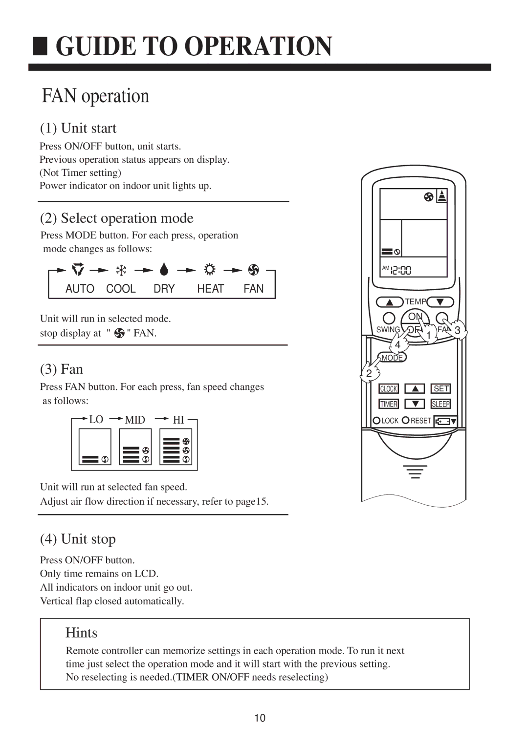 Haier HCFU-28C13, HCFU-18C13, HCFU-42CA13 operation manual Guide to Operation, FAN operation 