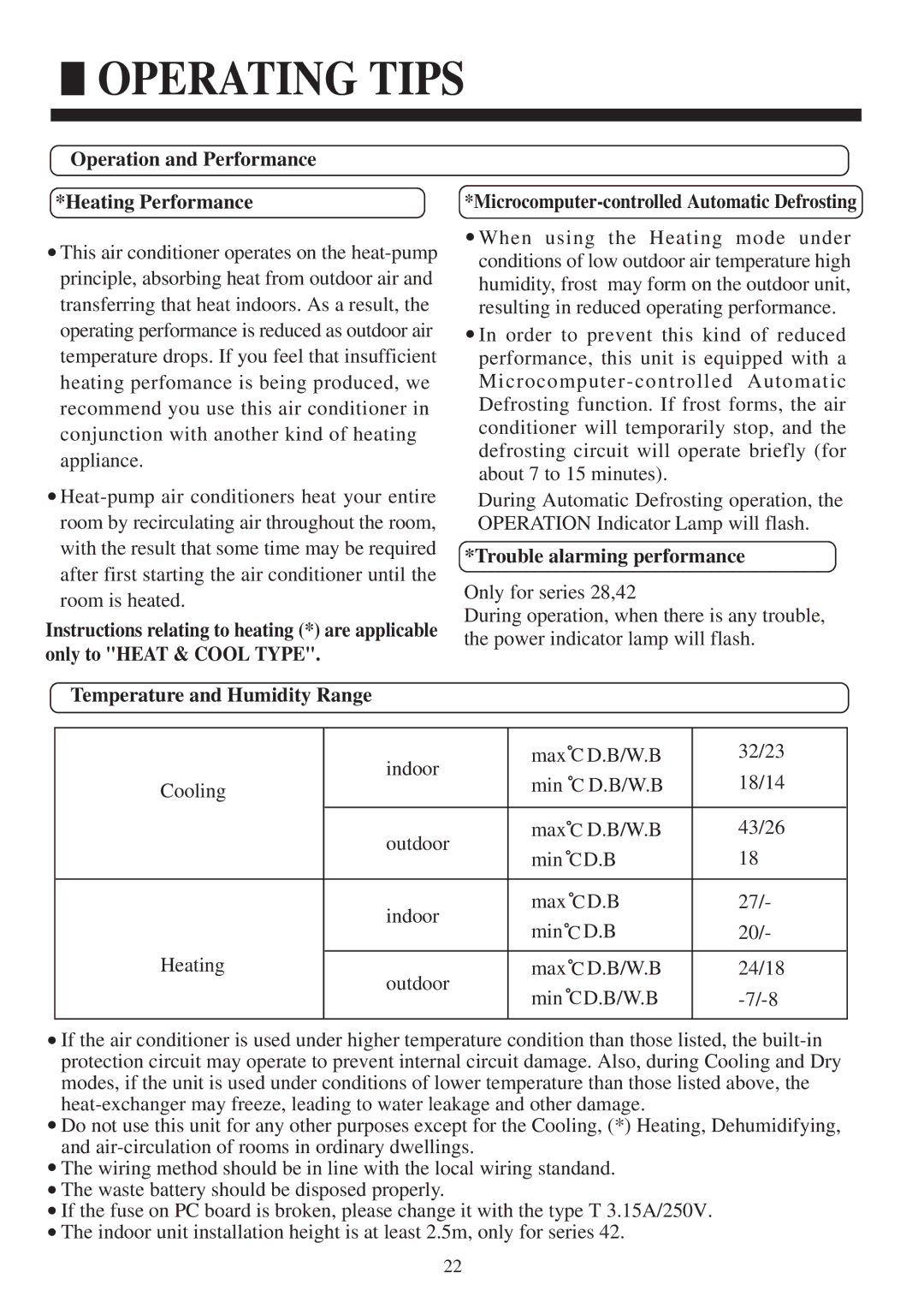 Haier HCFU-28C13, HCFU-18C13, HCFU-42CA13 operation manual Operating Tips, Operation and Performance Heating Performance 