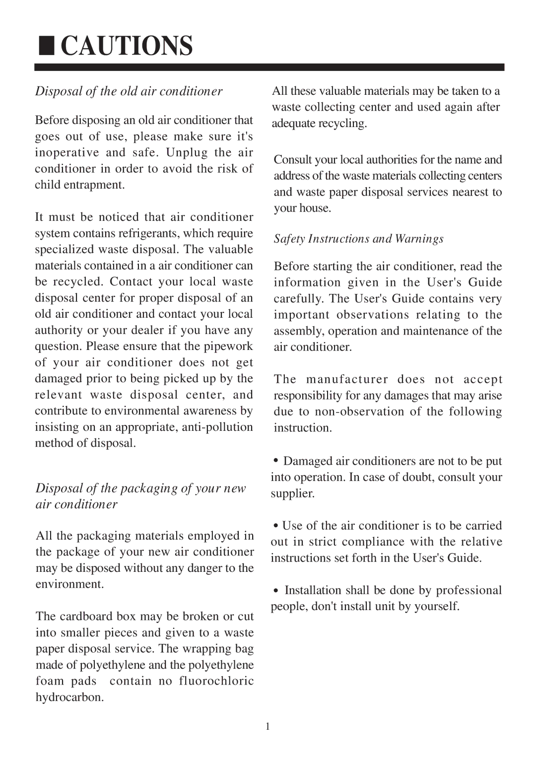 Haier HCFU-28C13, HCFU-18C13, HCFU-42CA13 operation manual Disposal of the old air conditioner 