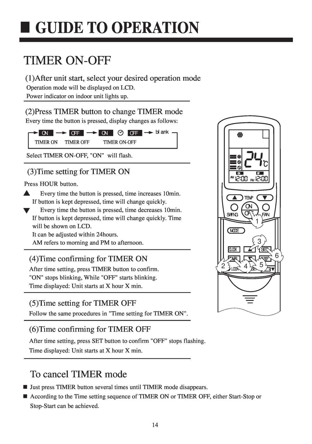 Haier HCFU-18C13 Timer On-Off, 1After unit start, select your desired operation mode, 3Time setting for TIMER ON 