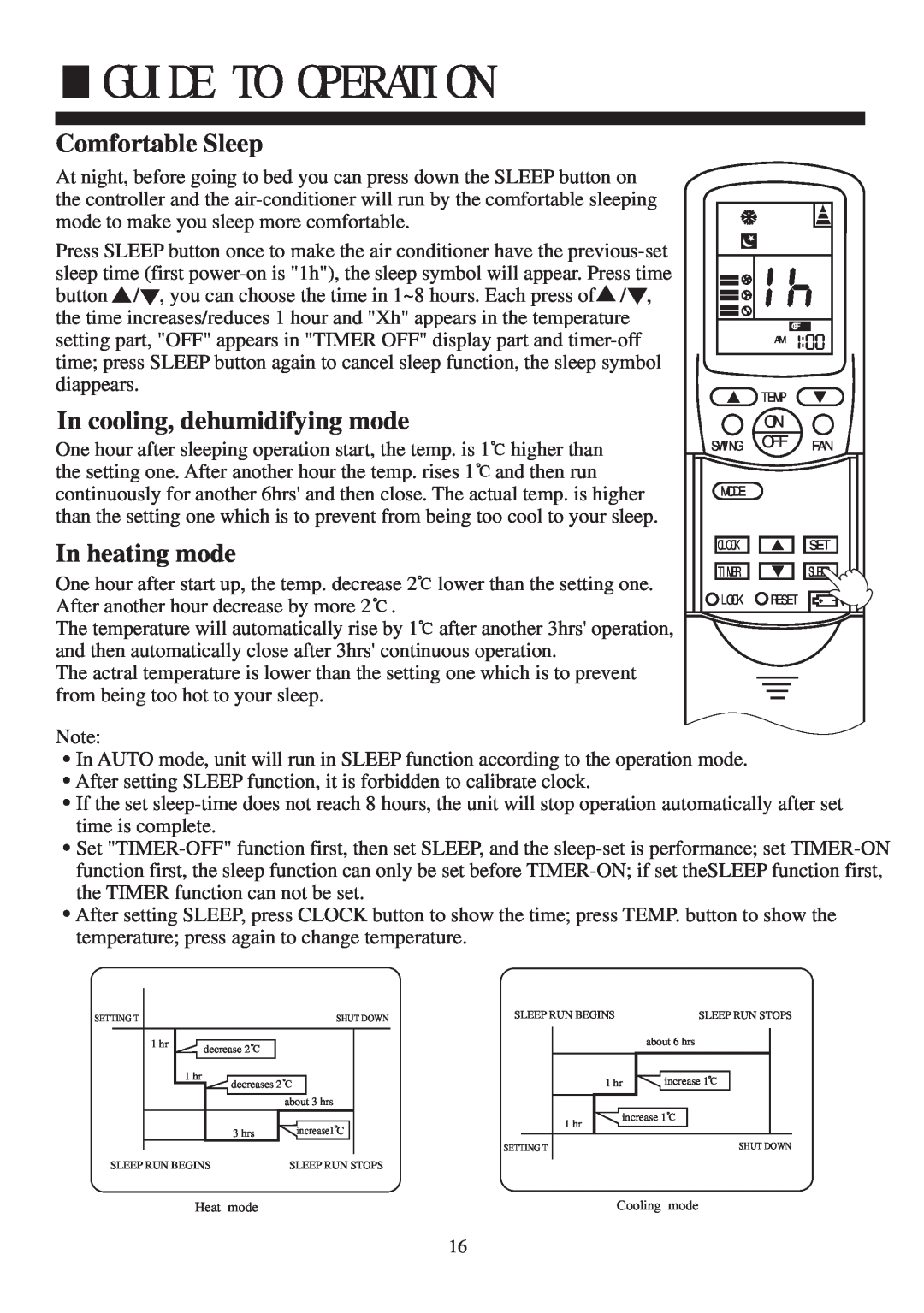 Haier HCFU-28C13, HCFU-18C13 Guide To Operation, Comfortable Sleep, In cooling, dehumidifying mode, In heating mode 