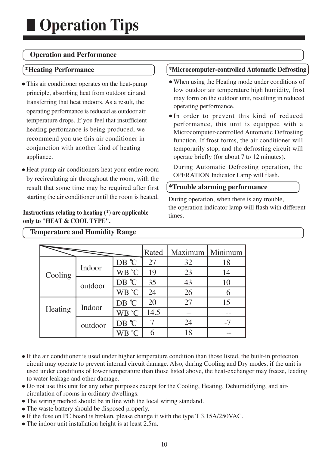 Haier HCFU-42HF03, HCFU-42CF03 installation manual Operation Tips, Operation and Performance Heating Performance 