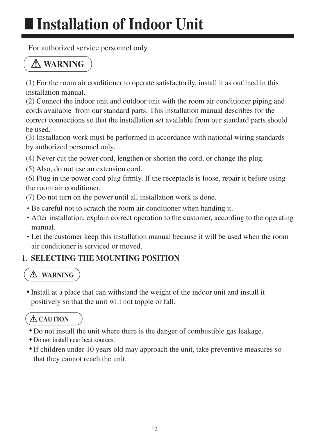 Haier HCFU-42HF03, HCFU-42CF03 installation manual Selecting the Mounting Position 