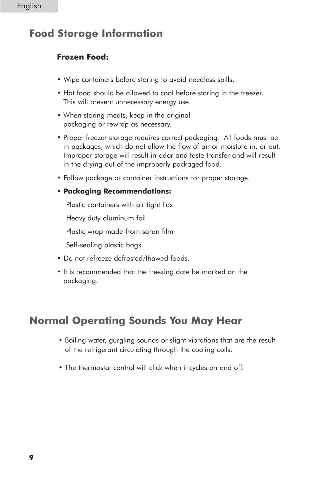 Haier HCM070LC Food Storage Information, Normal Operating Sounds You May Hear, Frozen Food, Packaging Recommendations 