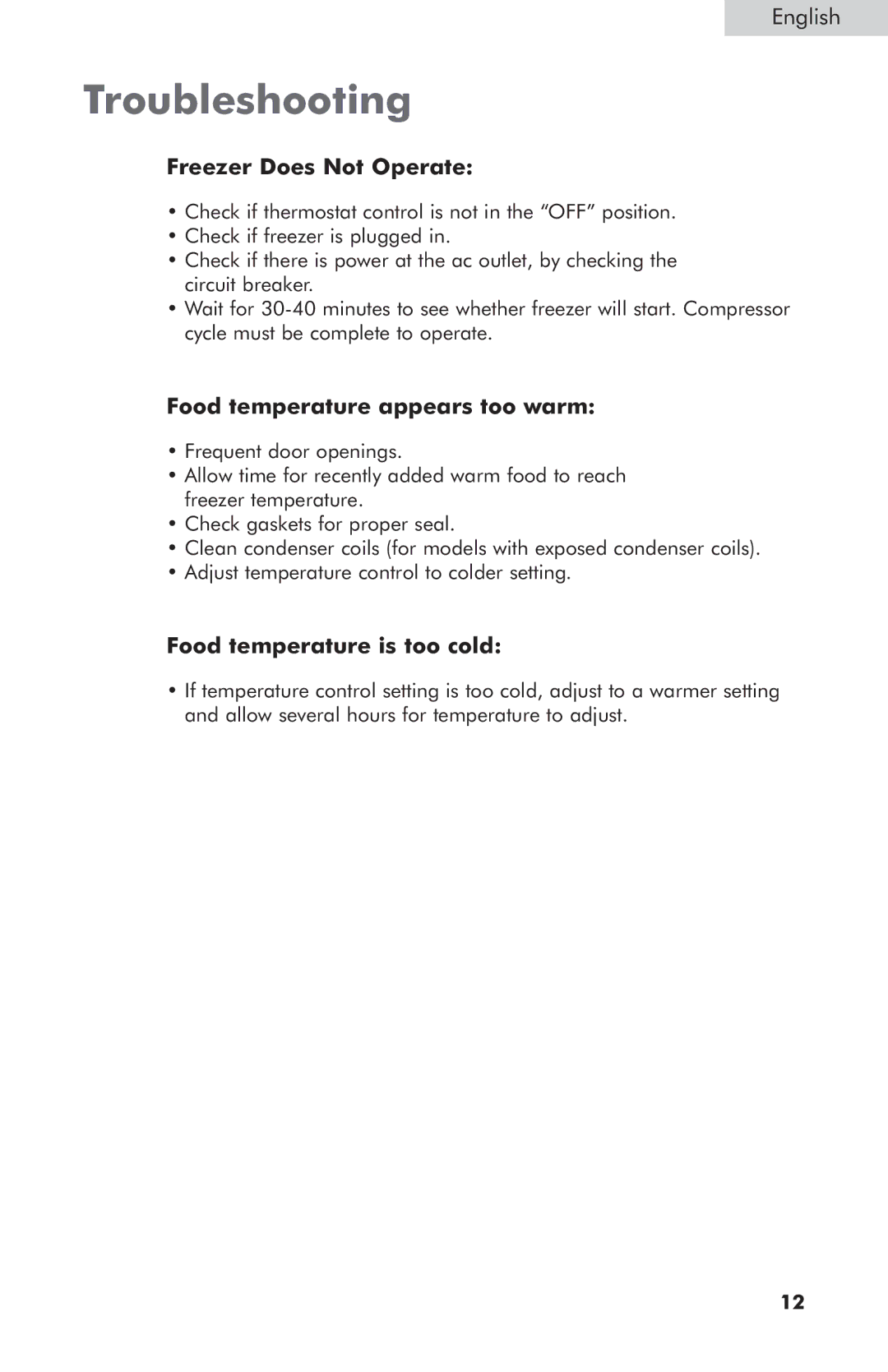 Haier HCM070LC Troubleshooting, Freezer Does Not Operate, Food temperature appears too warm, Food temperature is too cold 