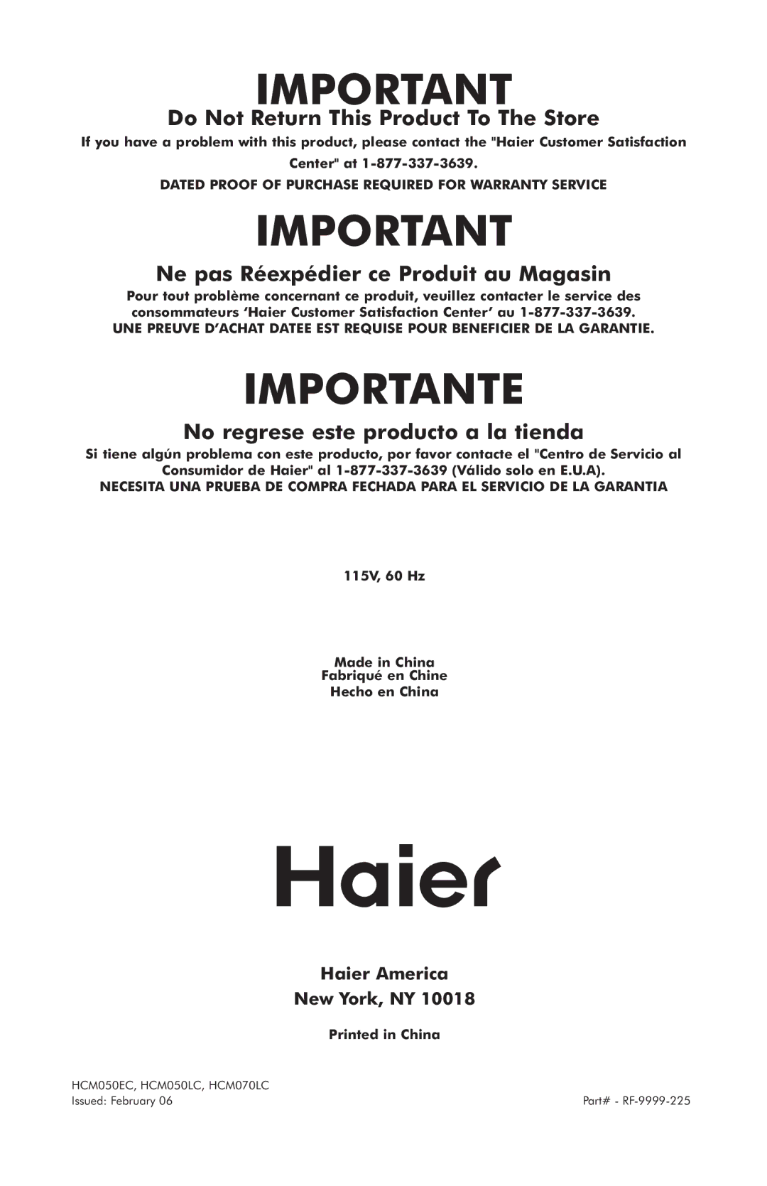 Haier HCM050LC, HCM050EC, HCM070LC user manual Do Not Return This Product To The Store, Haier America New York, NY 