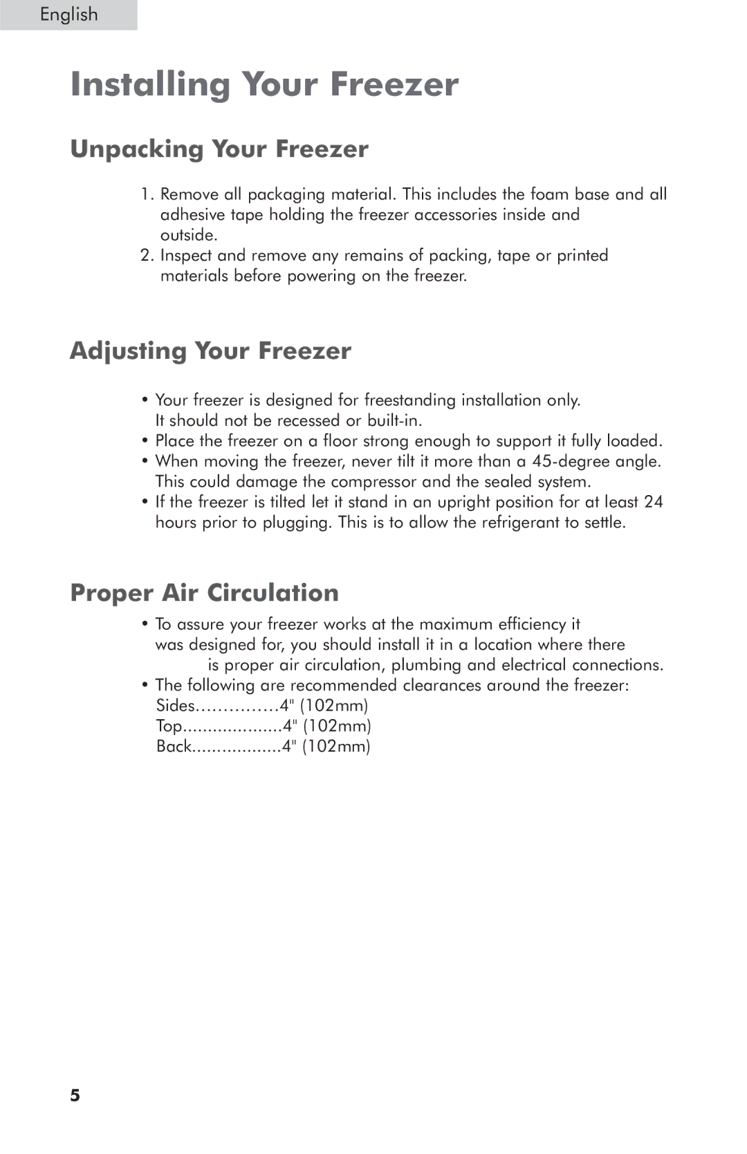 Haier HCM050EC, HCM070LC Installing Your Freezer, Unpacking Your Freezer, Adjusting Your Freezer, Proper Air Circulation 