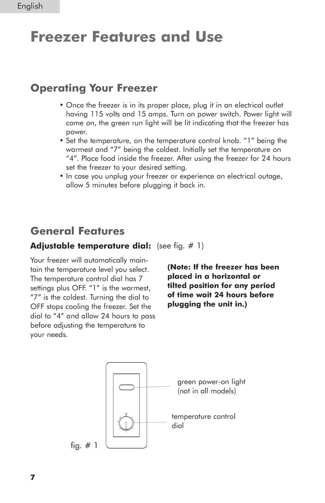 Haier HCM050LC Freezer Features and Use, Operating Your Freezer, General Features, Adjustable temperature dial see fig. # 