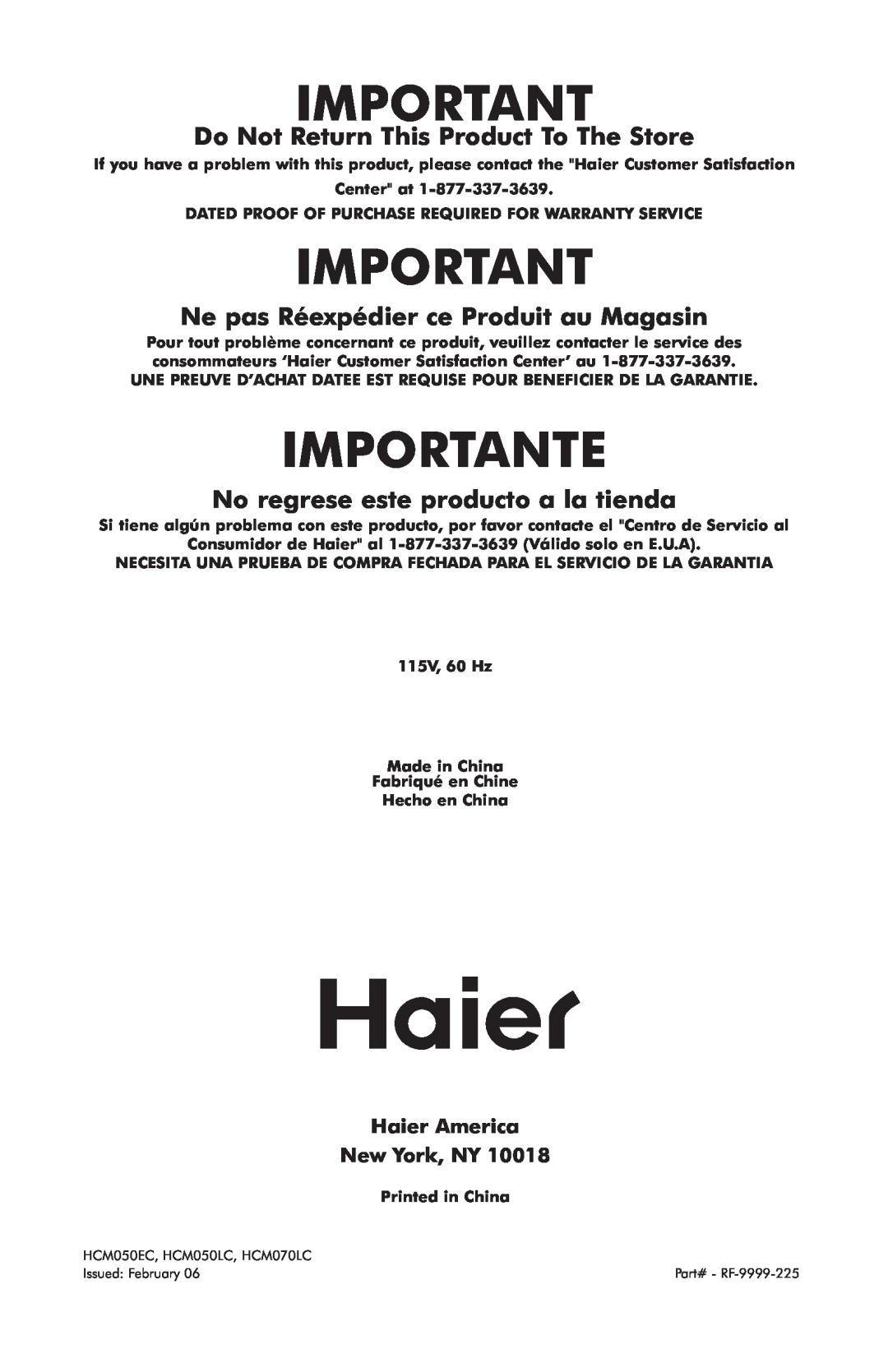 Haier HCM050LC, HCM050EC Importante, Do Not Return This Product To The Store, Ne pas Réexpédier ce Produit au Magasin 