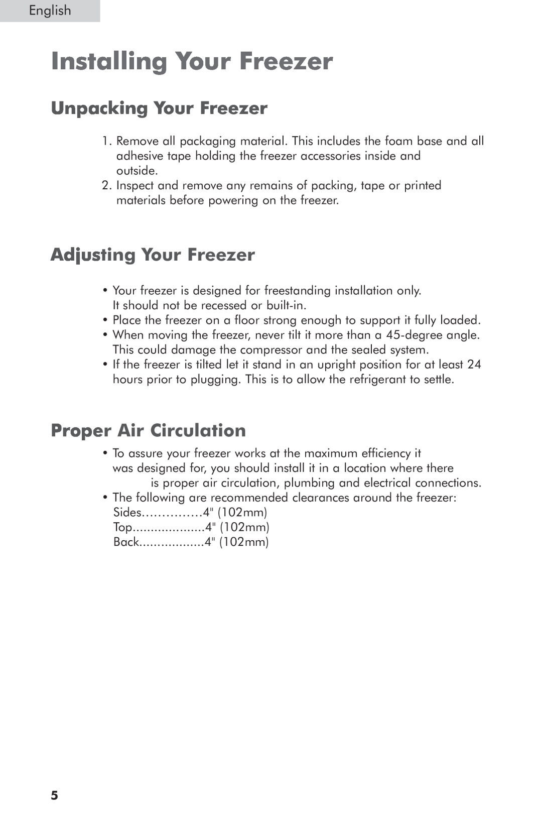 Haier HCM050EC, HCM070LC Installing Your Freezer, Unpacking Your Freezer, Adjusting Your Freezer, Proper Air Circulation 