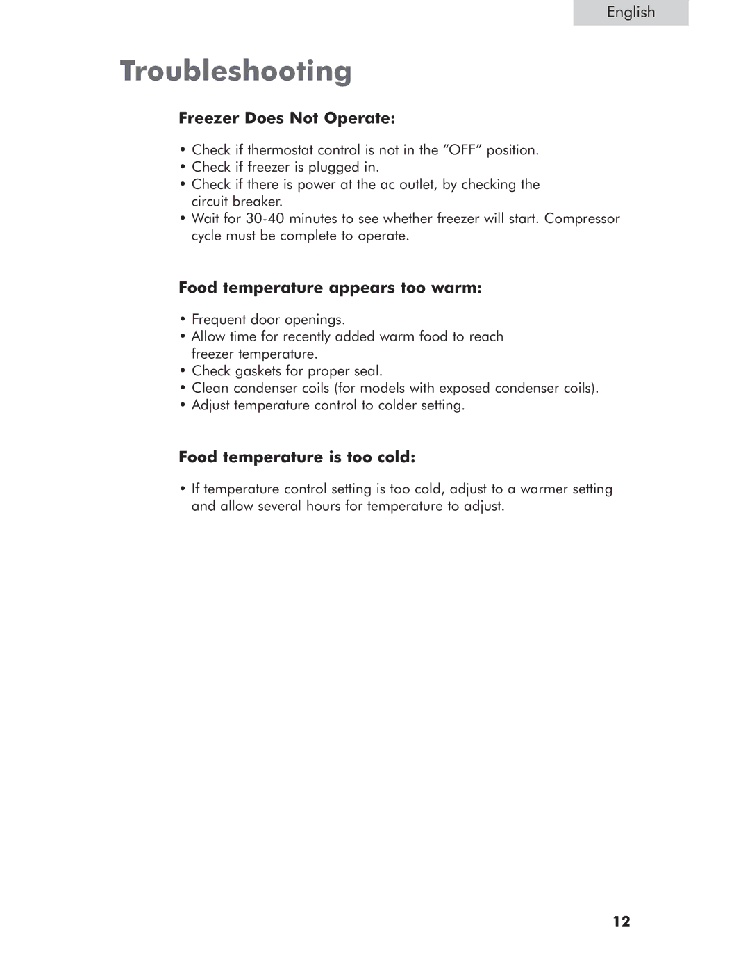 Haier HCM050EC Troubleshooting, Freezer Does Not Operate, Food temperature appears too warm, Food temperature is too cold 