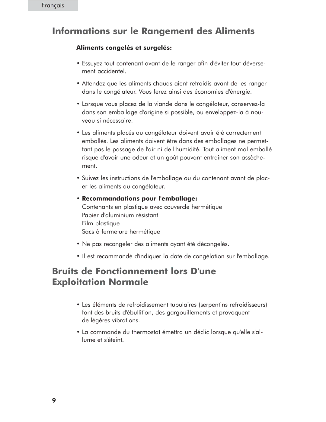 Haier HCM071LC Informations sur le Rangement des Aliments, Bruits de Fonctionnement lors Dune Exploitation Normale 