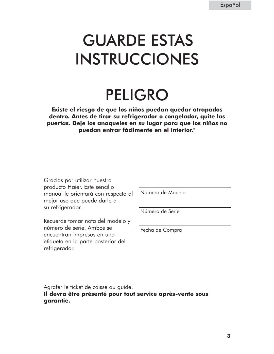 Haier HCM050LC, HCM071LC, HCM050EC, HCM071AW user manual Guarde Estas Instrucciones Peligro 