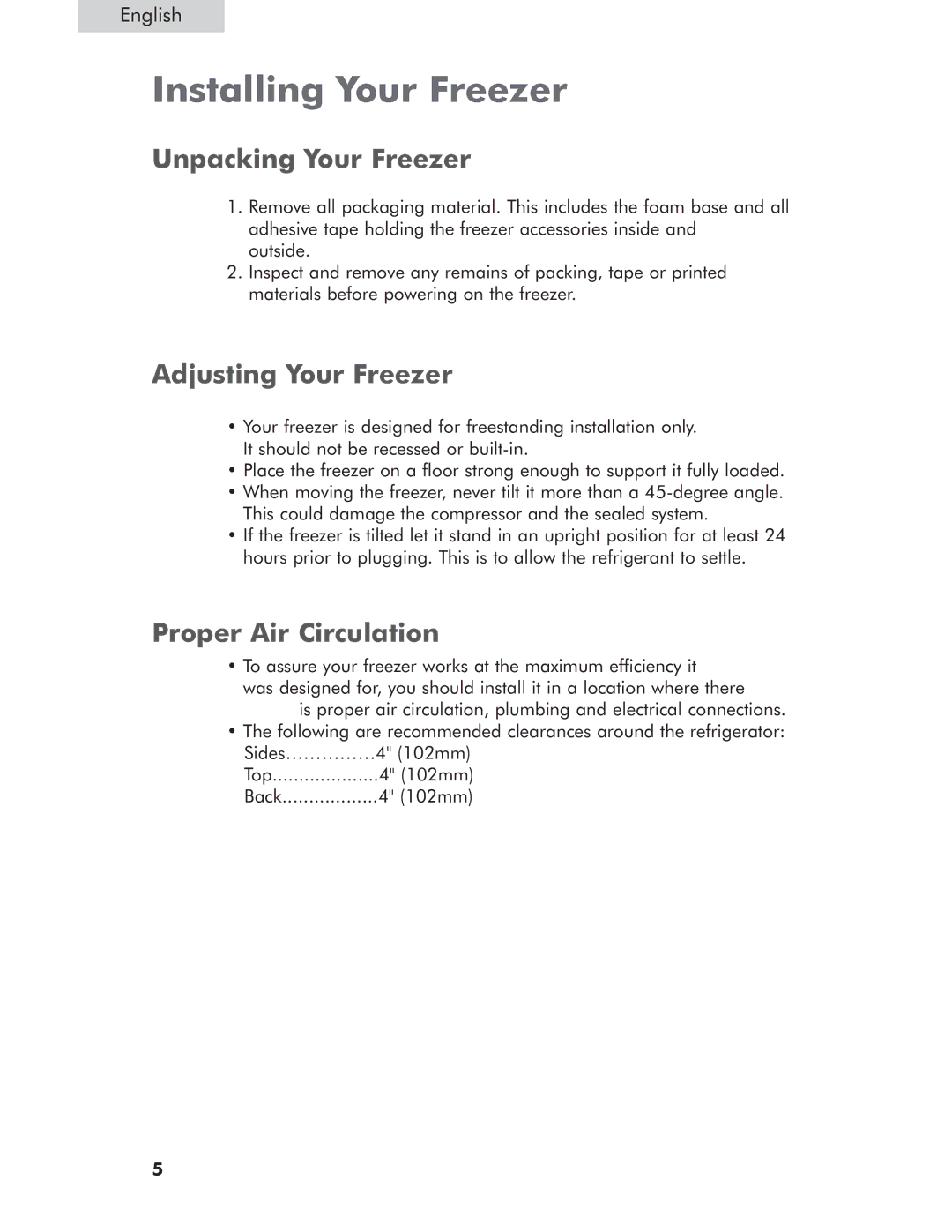 Haier HCM071AW, HCM071LC Installing Your Freezer, Unpacking Your Freezer, Adjusting Your Freezer, Proper Air Circulation 