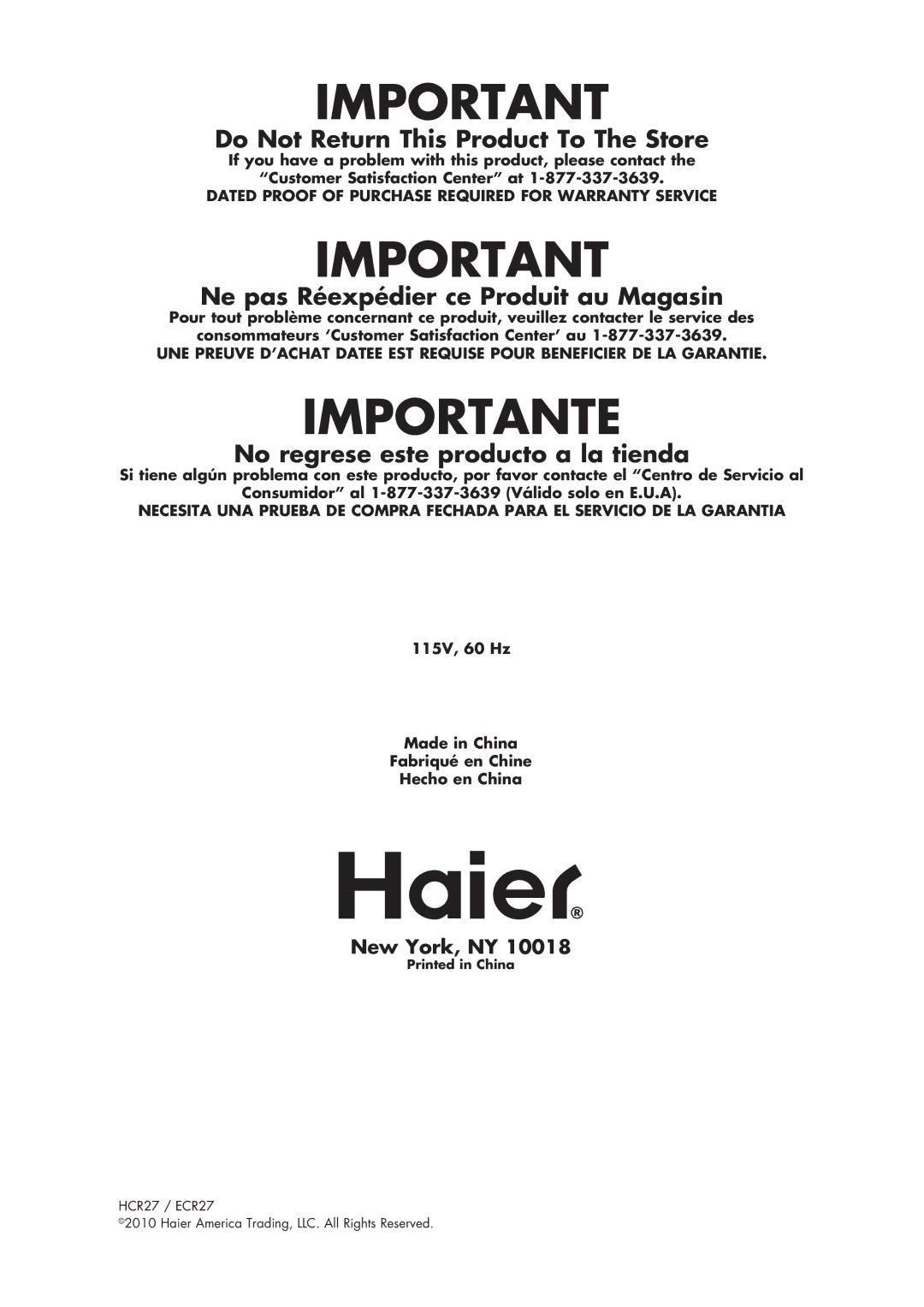 Haier ECR1 7, HCR17W, H CR1 7 user manual Importante 